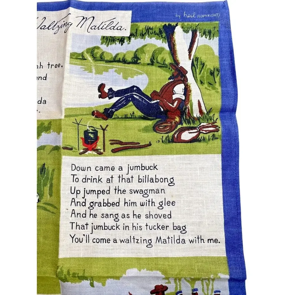 Vintage 100% linen kitchen tea towel Australia souvenir Waltzing Matilda lyrics